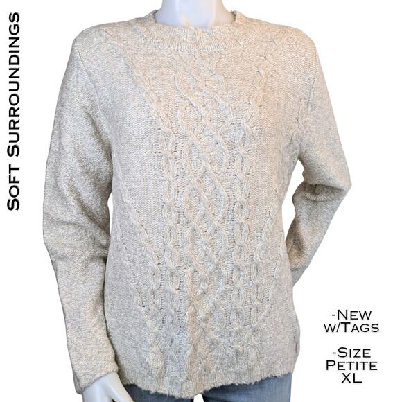 NEW Soft Surroundings Marianna Sweater PXL Heather Taupe Cable Knit Crewneck - Picture 1 of 10
